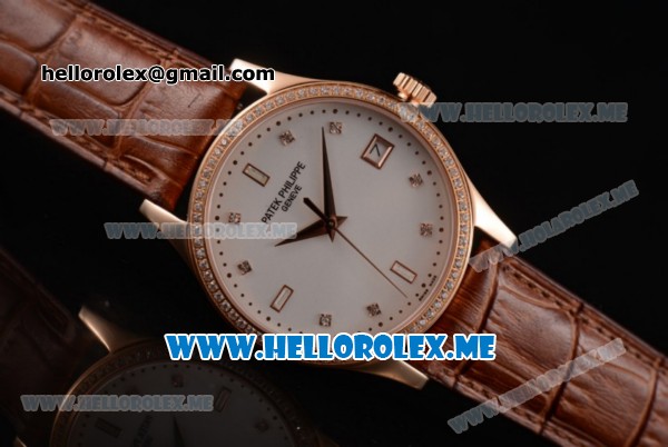 Patek Philippe Calatrava Miyota 9015 Automatic Rose Gold Case with White Dial Brown Leather Strap and Diamonds Markers Diamonds Bezel - Click Image to Close